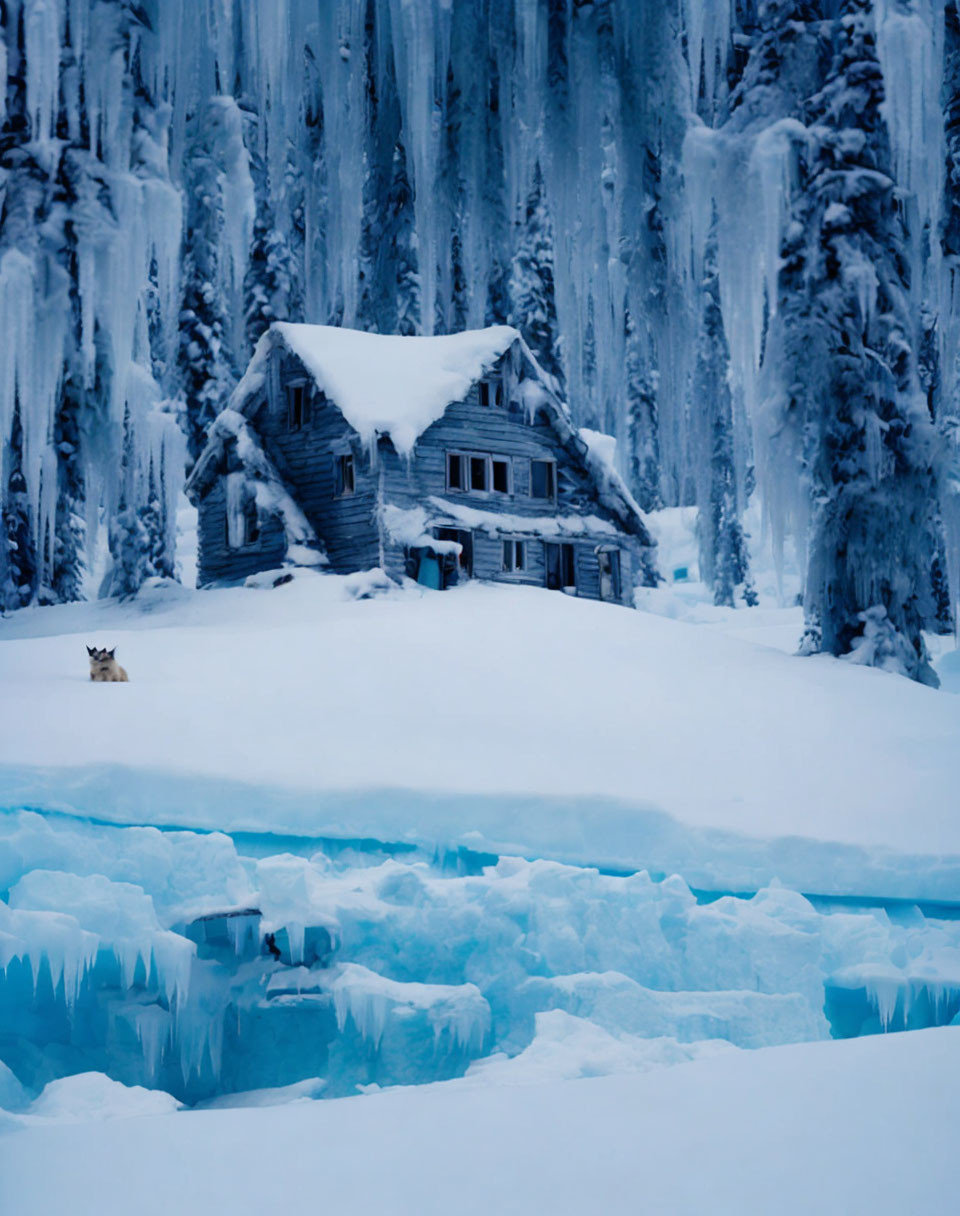 Winter scene: snowy cabin, icy trees, dog by frozen pond