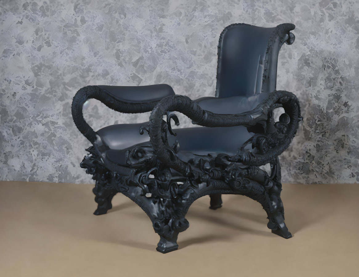 Dark Blue Armchair with Baroque Design on Gray Background