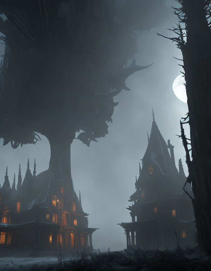 Gothic castle hovering above misty night with glowing windows