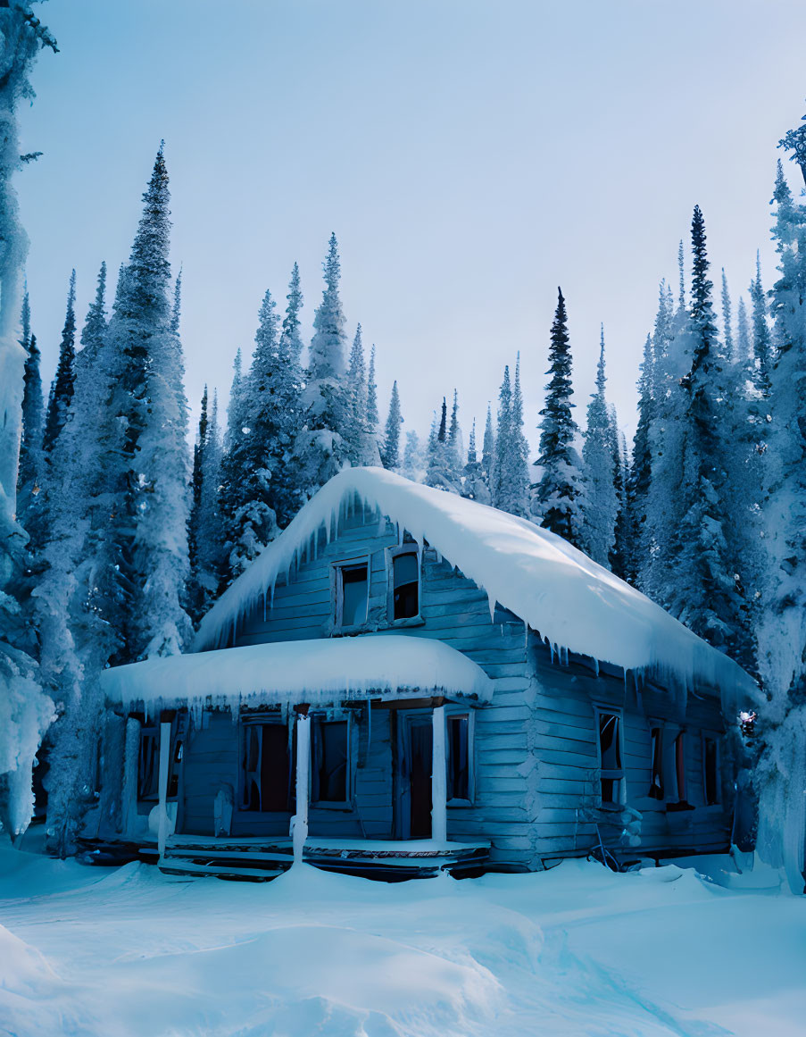 Winter Scene: Cabin in Snowy Evergreen Forest