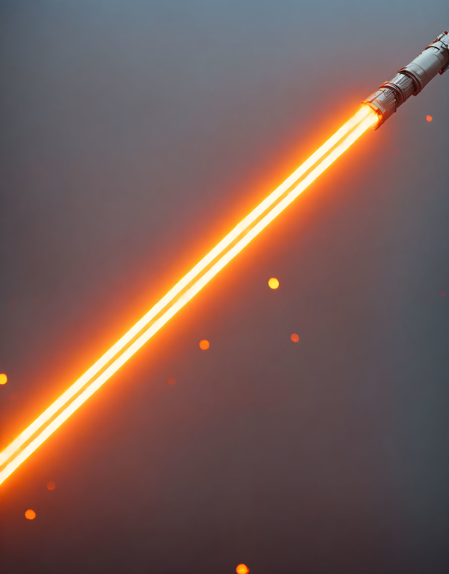 Glowing Orange Lightsaber on Red Background with Floating Particles