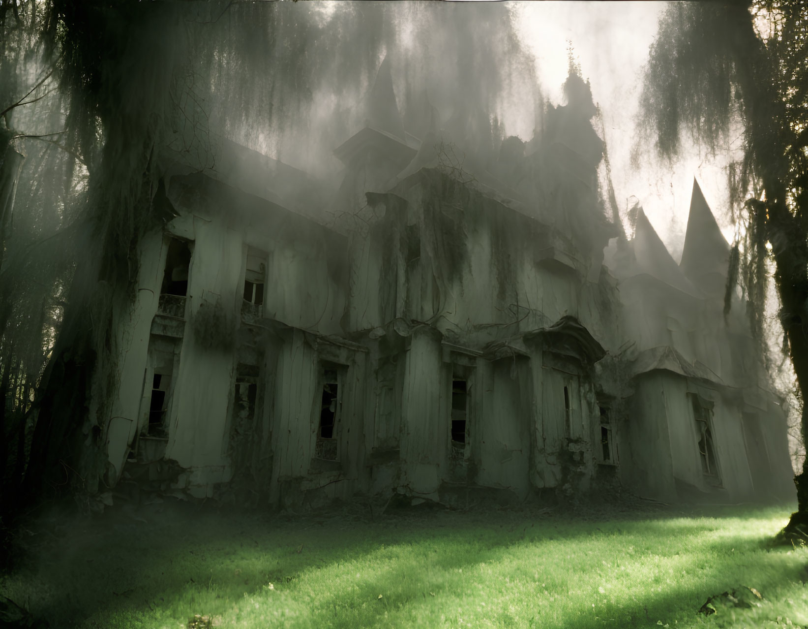 Abandoned mansion in mist with overgrown vegetation and decaying facade