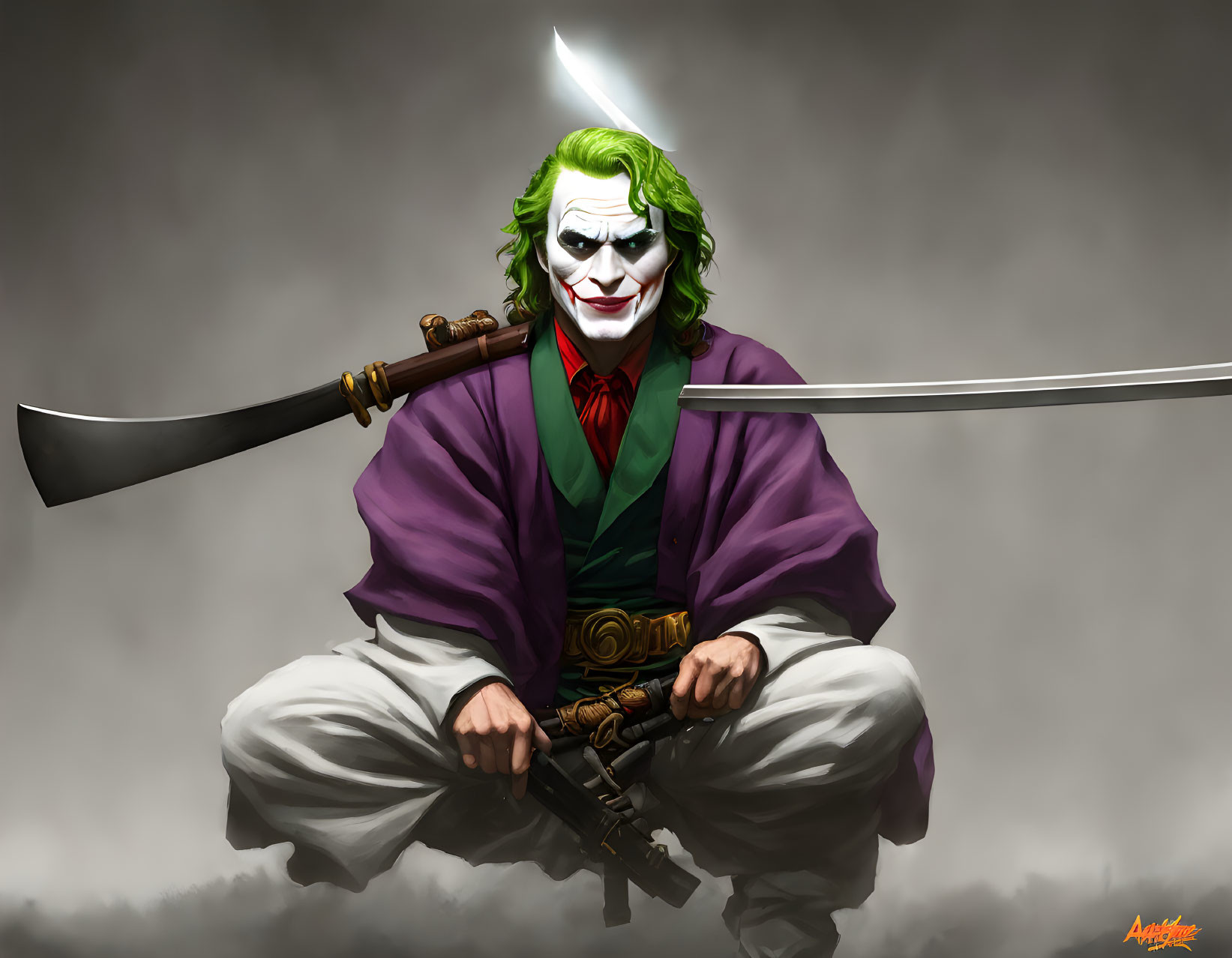 Digital artwork: Joker makeup in samurai outfit with katana in seiza position