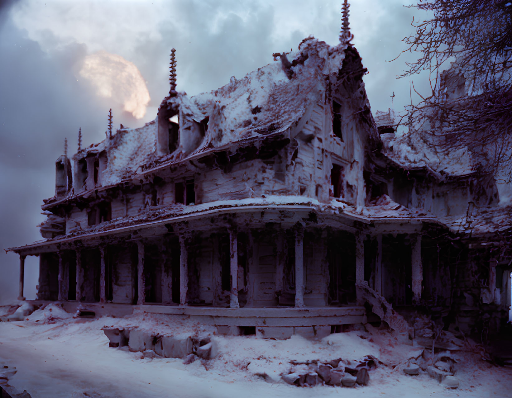 Snow-covered abandoned house with dilapidated columns under a gloomy sky.