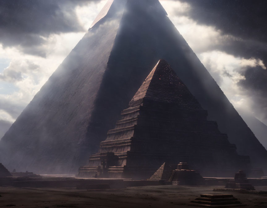 Futuristic pyramid in mist with smaller step-pyramids under dusky sky