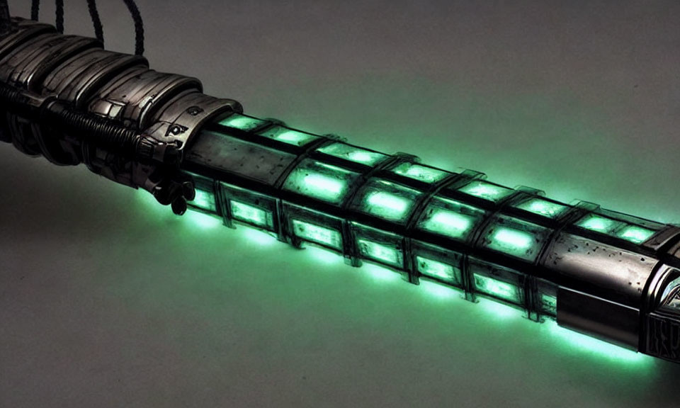 Futuristic glowing green tube with metallic details and wires attached.