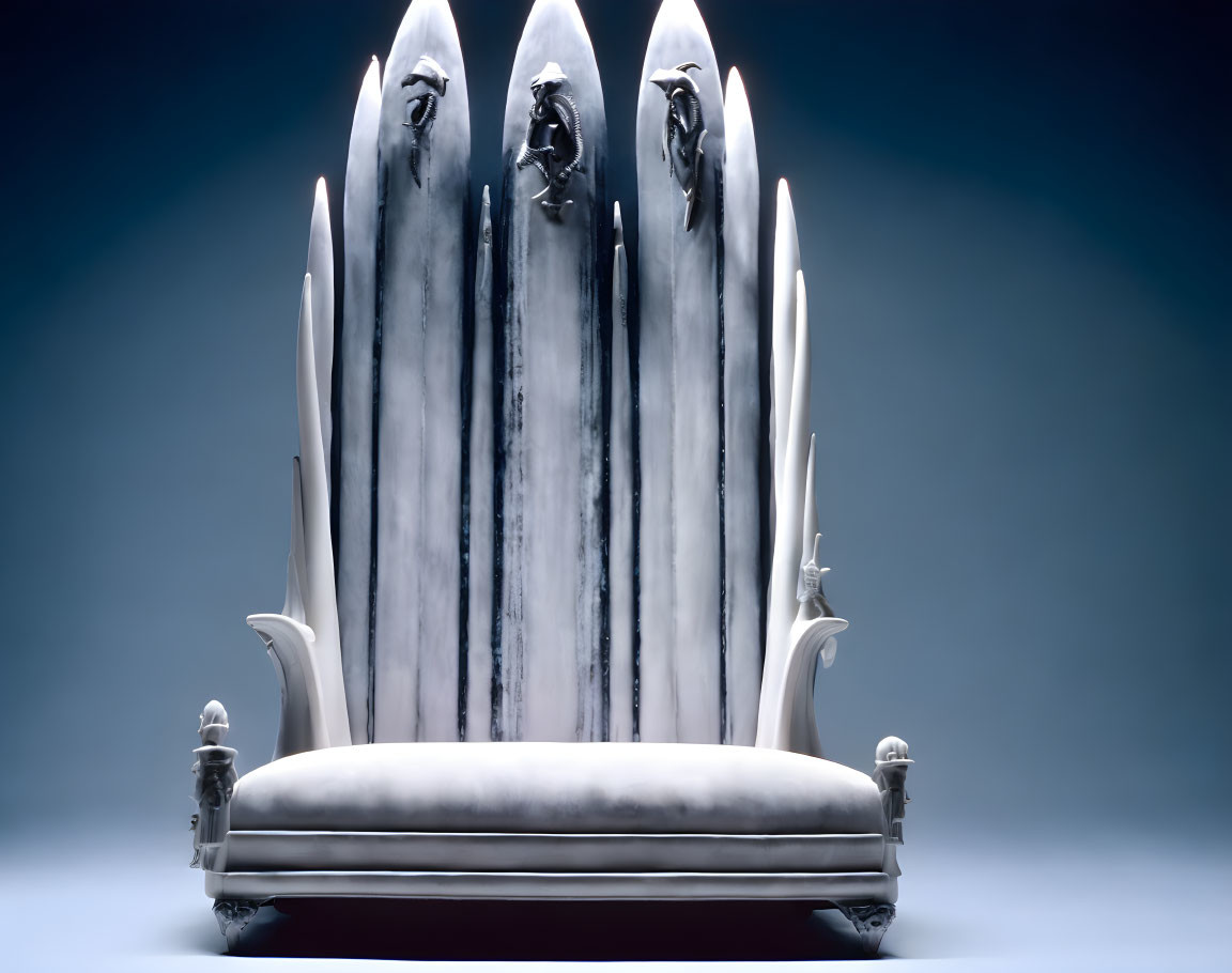 Ornate sculptural throne with pointed elements on blue background