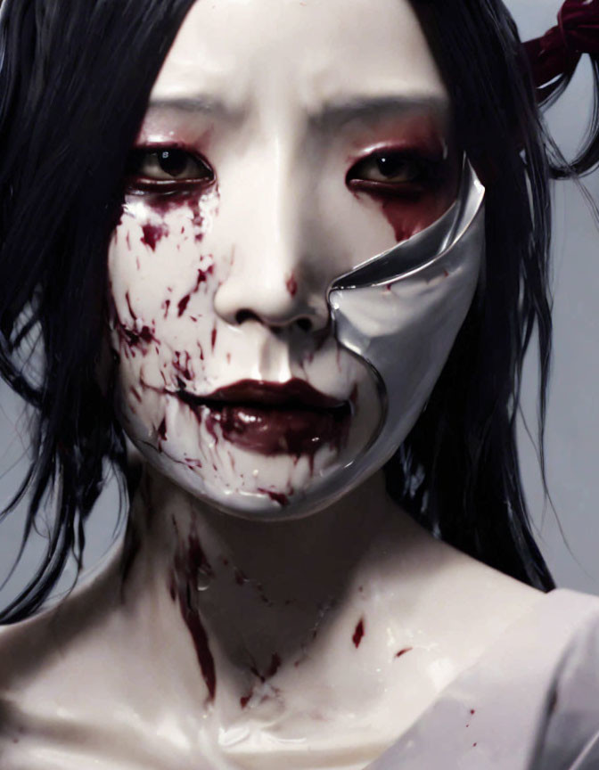 Black-Haired Person with Smiling Half Mask and Blood Splatters