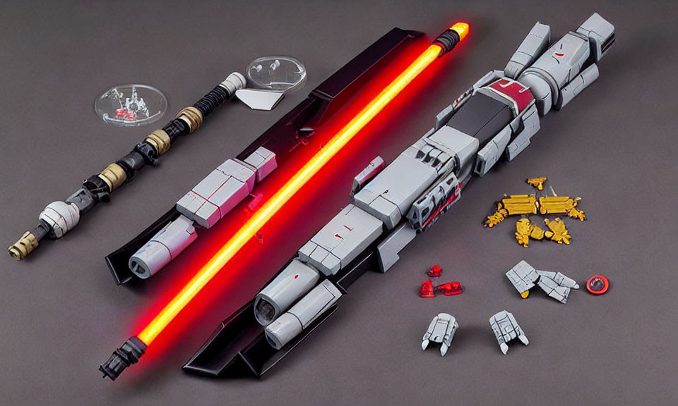 Detailed Toy Spacecraft Set with Red-and-White Ship & Glowing Red Lightsabers