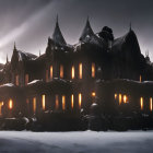 Gothic-style mansion at twilight with snow-covered ground