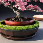 Flourishing bonsai tree with pink blossoms in wooden pot on grey backdrop