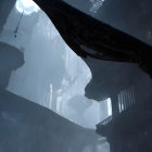 Sci-fi scene: towering structures, small ship, alien landscape in mist