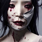 Black-Haired Person with Smiling Half Mask and Blood Splatters