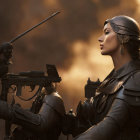 Profile view of woman in futuristic armor with helmet and mechanical gun against fiery background