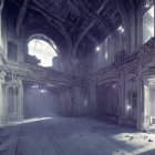 Decaying grand hall with ornate columns and rubble under natural light