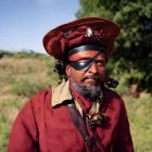 Man in Burgundy Hat and Shirt with Sunglasses and Mustache Outdoors