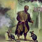 Person in forest with cloak and staff, accompanied by bipedal rats and large reptile.