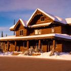 Snow-covered log cabin with glowing warm lights at twilight