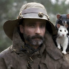 Vintage explorer in wide-brimmed hat with two rats on shoulder