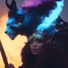 Elaborate fantasy costume with wolf-like headdress and spear in misty backdrop