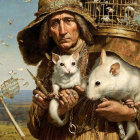 Classical painting merged with modern elements: man in vintage attire with oversized white mice, birds, and