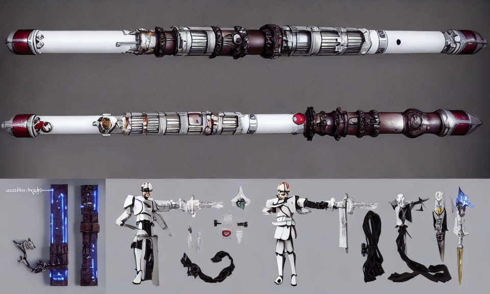 Detailed Lightsaber Hilt Models with Interchangeable Parts and Action Figures posed in Various Weapon Configurations