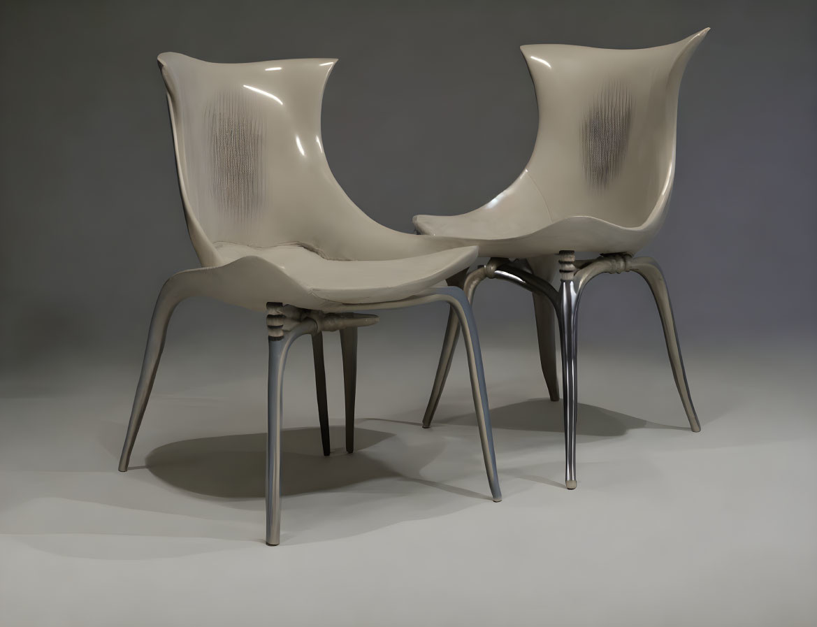 Two modern design chairs with sleek lines and glossy finish on grey background