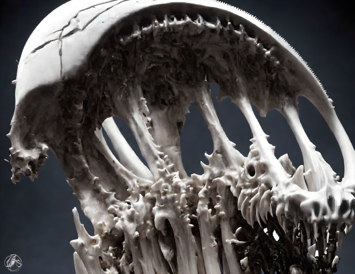 Detailed close-up of menacing alien skull with sharp teeth and intricate textures on dark background