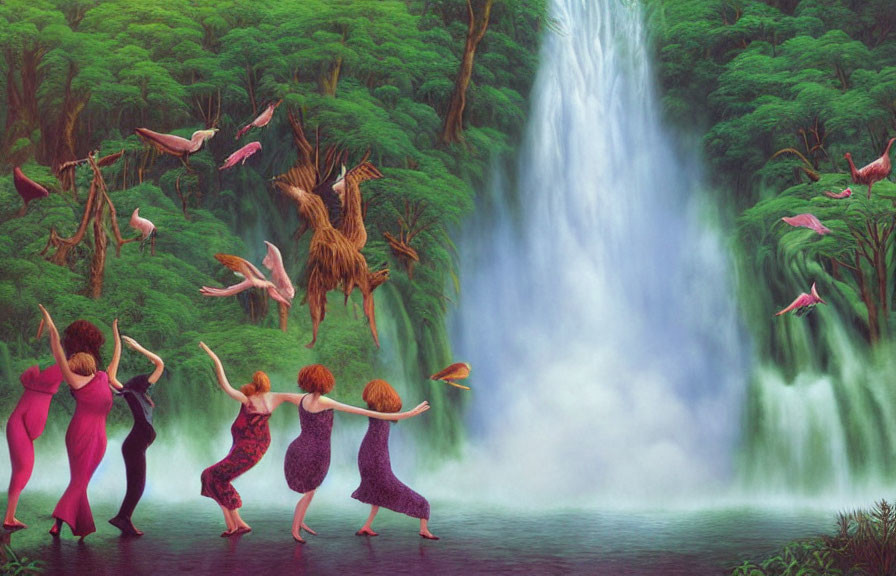 Vibrant painting of joyful dancing by waterfall with whimsical flamingos