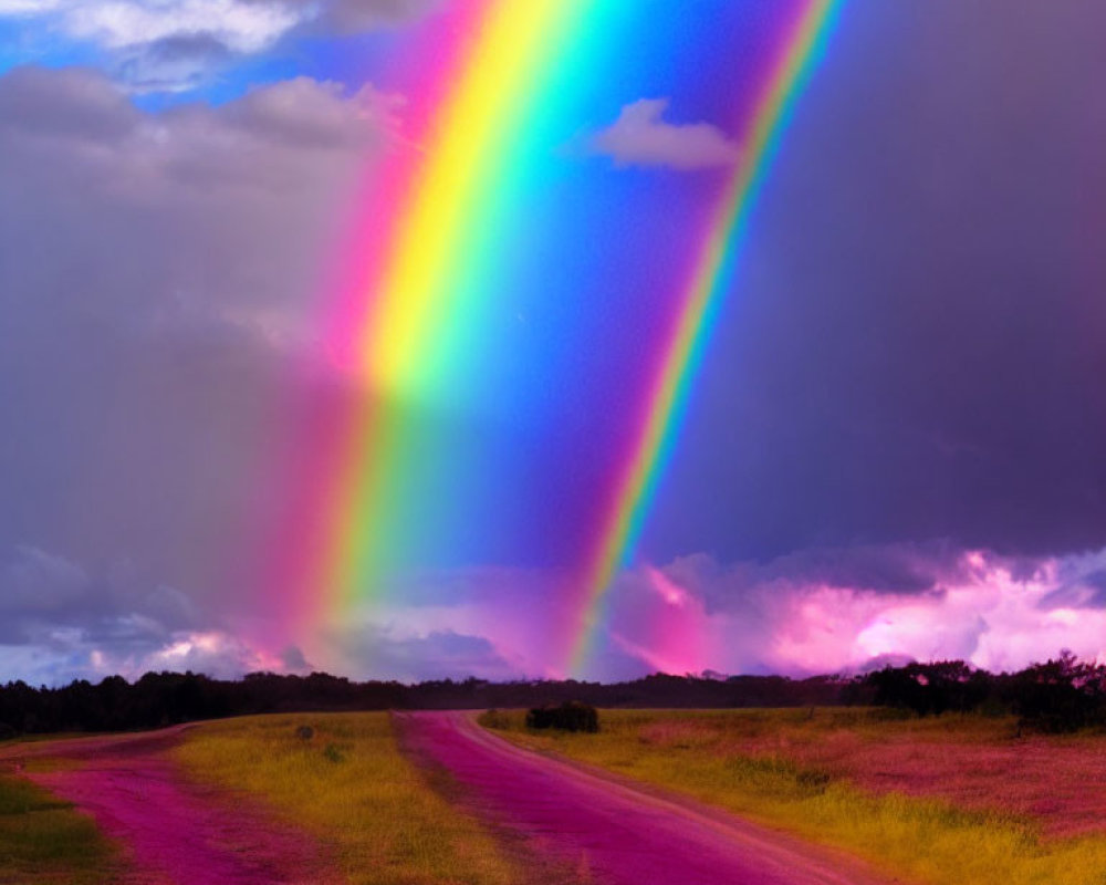 Colorful rainbow over stormy sky and grassy field path