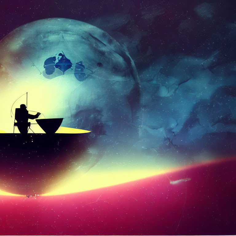 Silhouetted archer on surreal moonlit landscape with embedded ship.