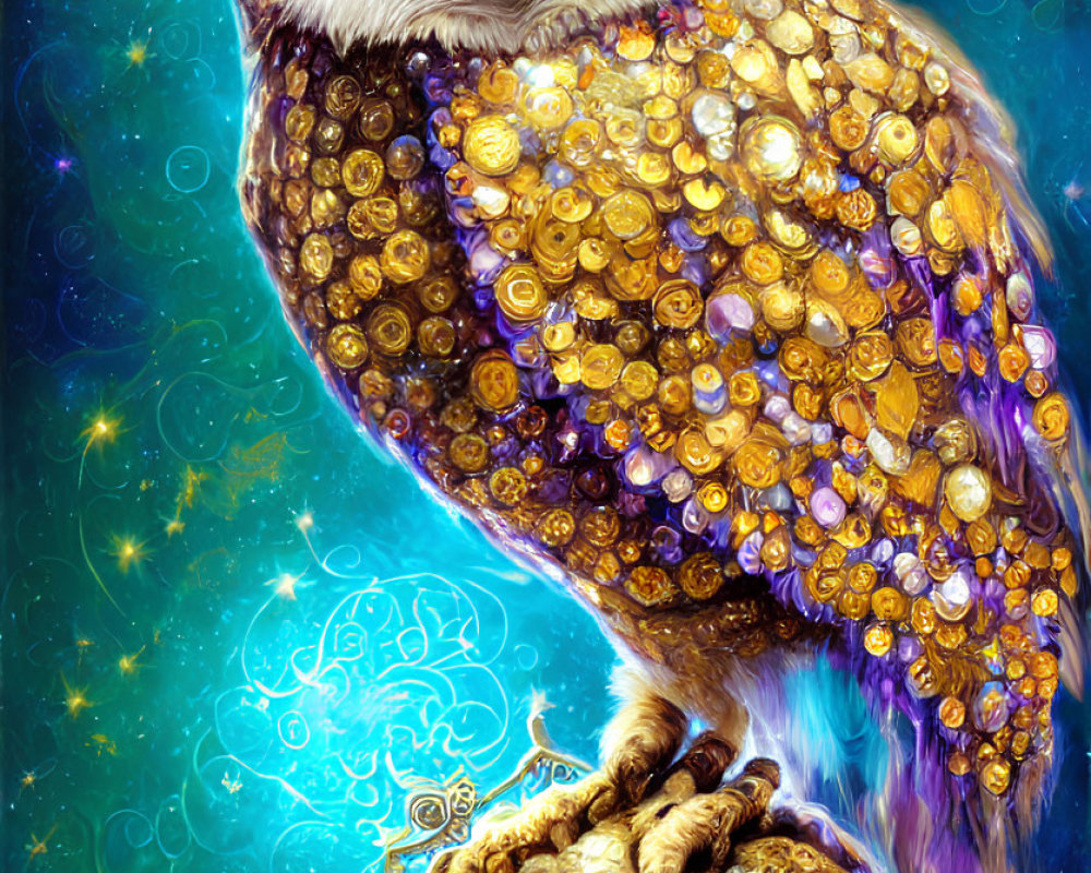 Colorful Owl Artwork with Gold Coins and Jewels on Starry Blue Background