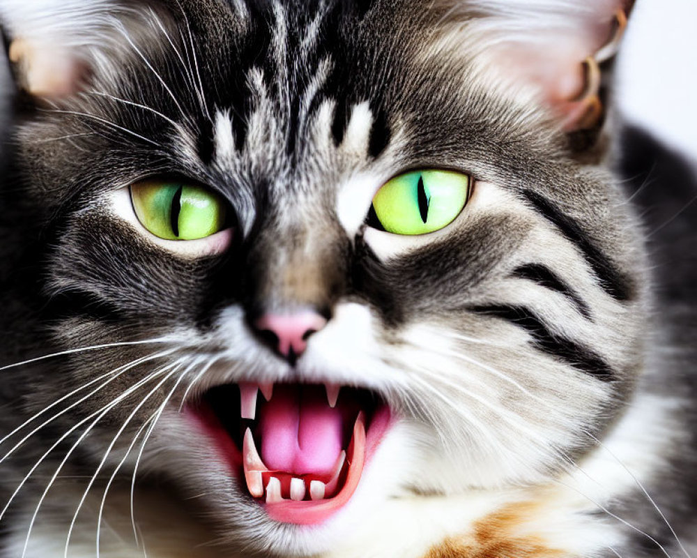 Tabby Cat with Green Eyes and Open Mouth Displaying Sharp Teeth