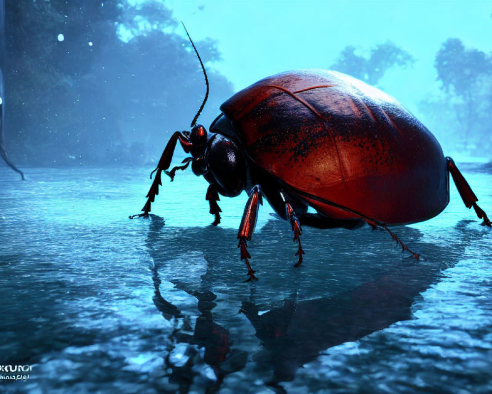 Giant beetle in misty forest with eerie atmosphere