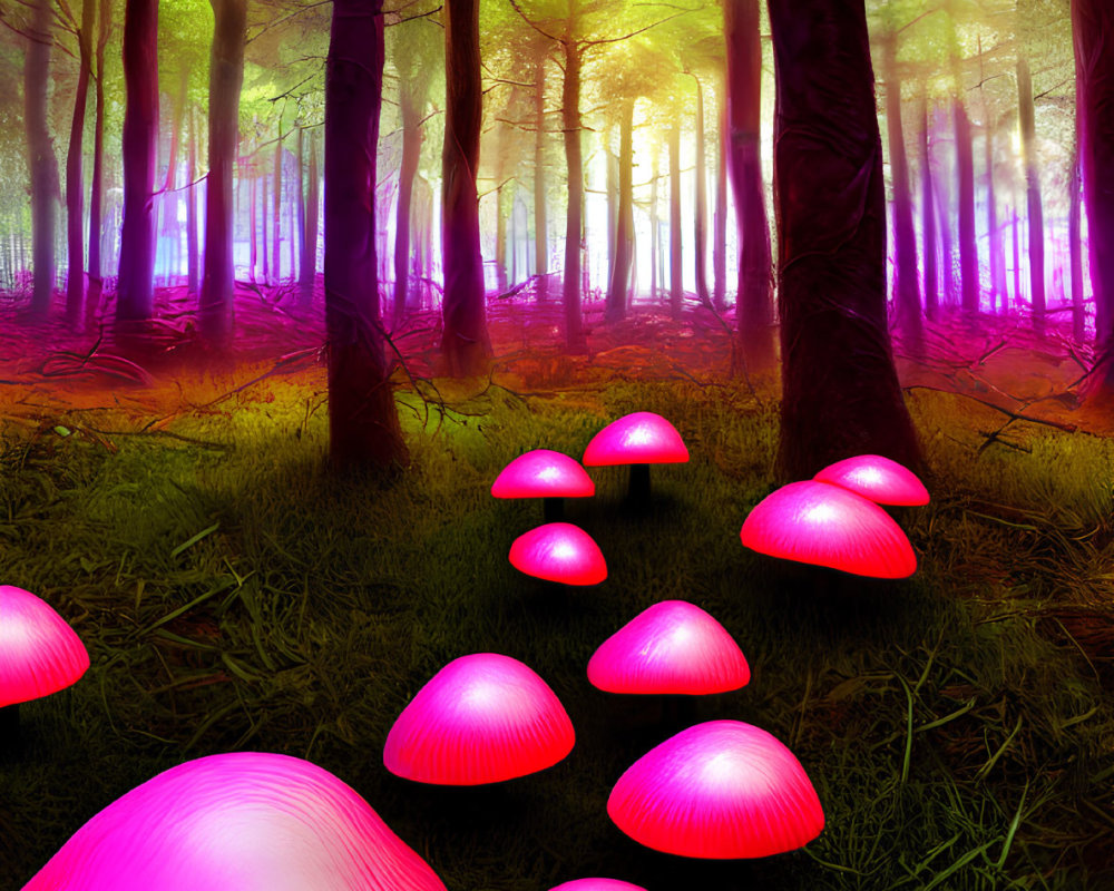 Ethereal forest with neon pink mushrooms and mystical lighting