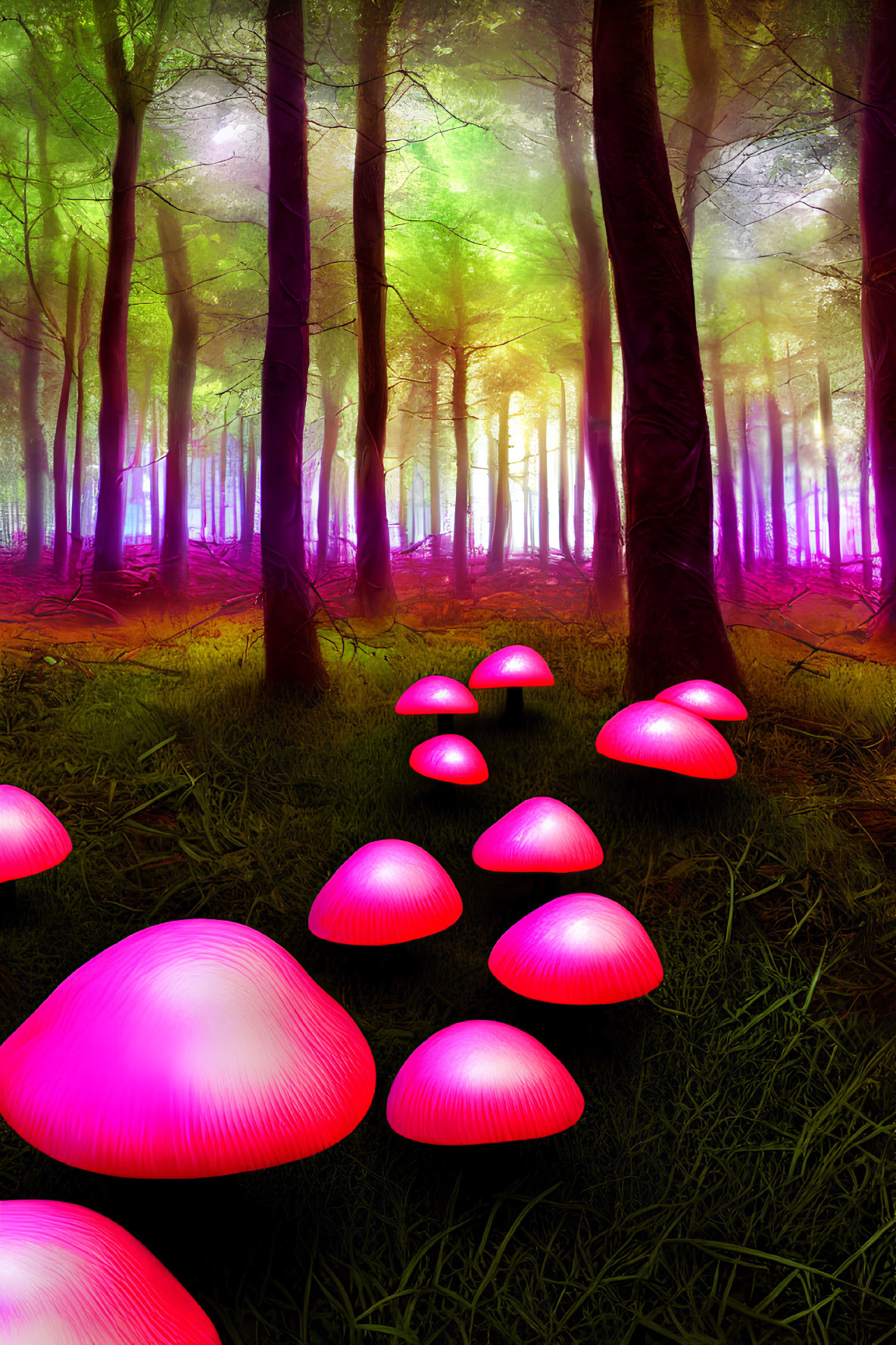 Ethereal forest with neon pink mushrooms and mystical lighting