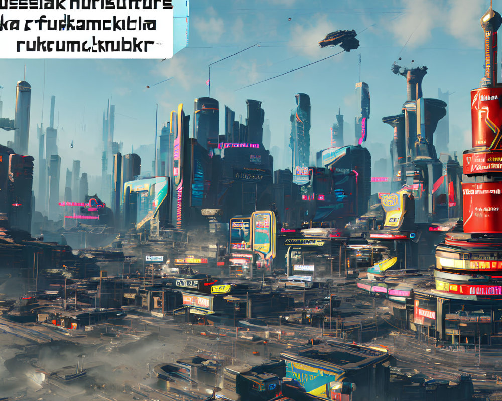 Futuristic cityscape with skyscrapers, neon signs, flying vehicles