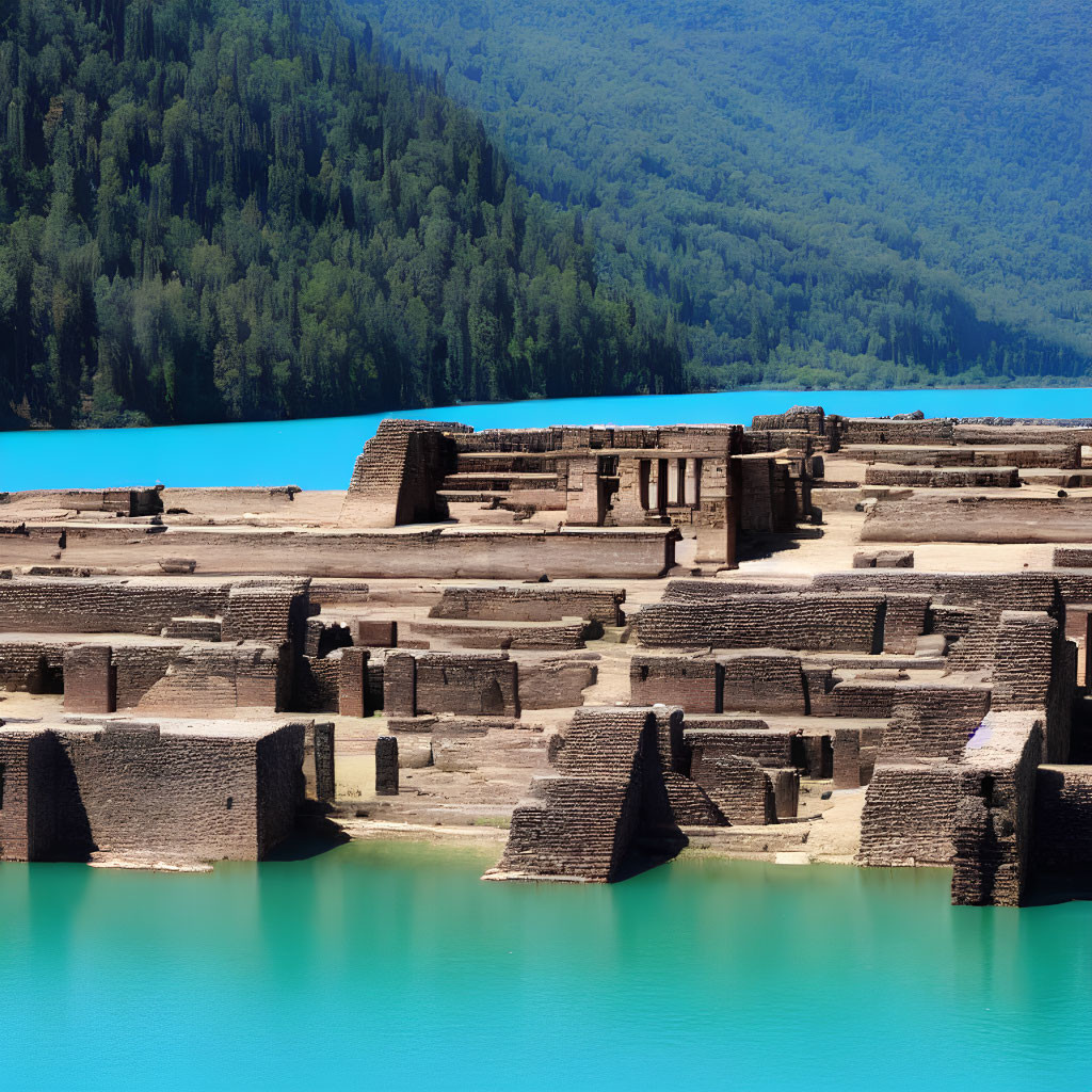 Tranquil turquoise lake with ancient ruins and lush green forests