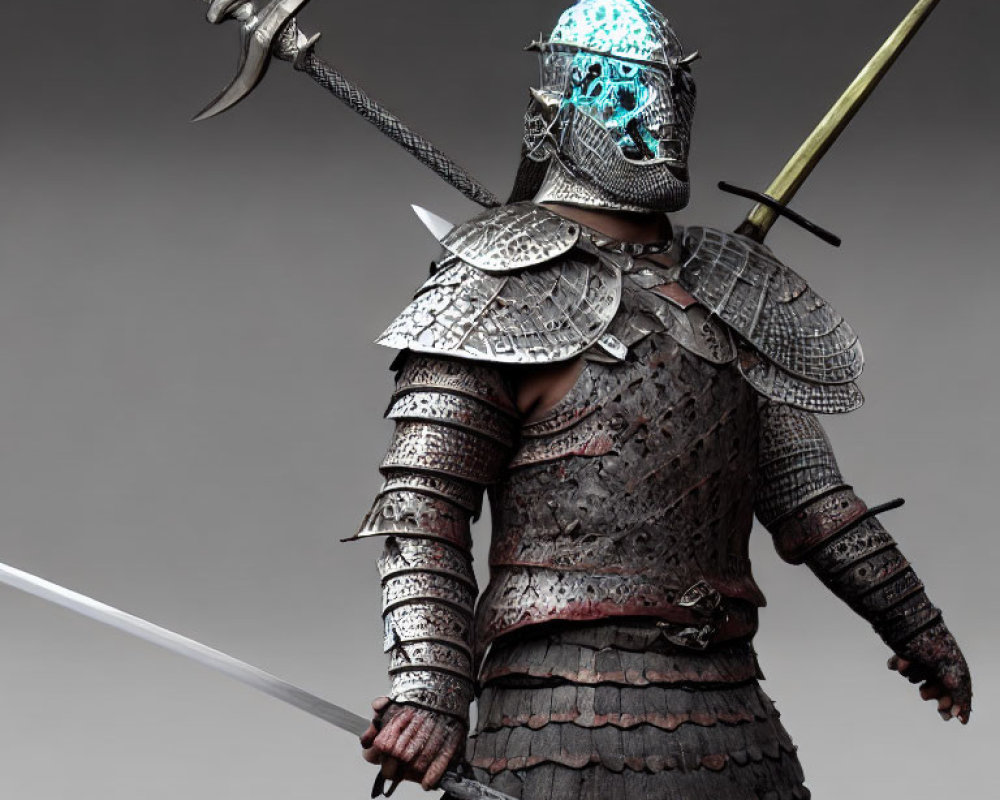 Medieval armor-clad person with multiple swords and blue glowing helmet.