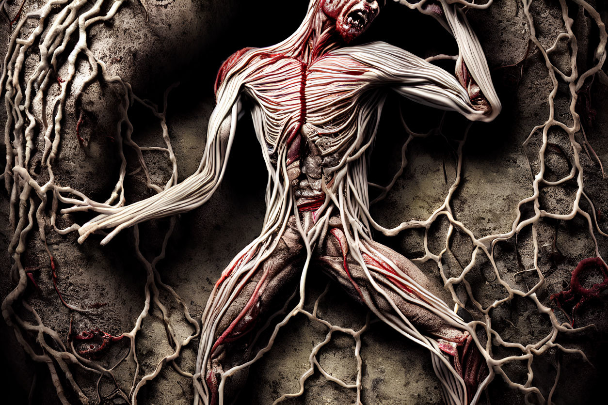 Detailed human muscular system illustration on cracked earth background