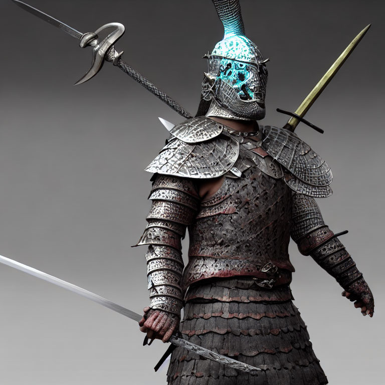 Medieval armor-clad person with multiple swords and blue glowing helmet.