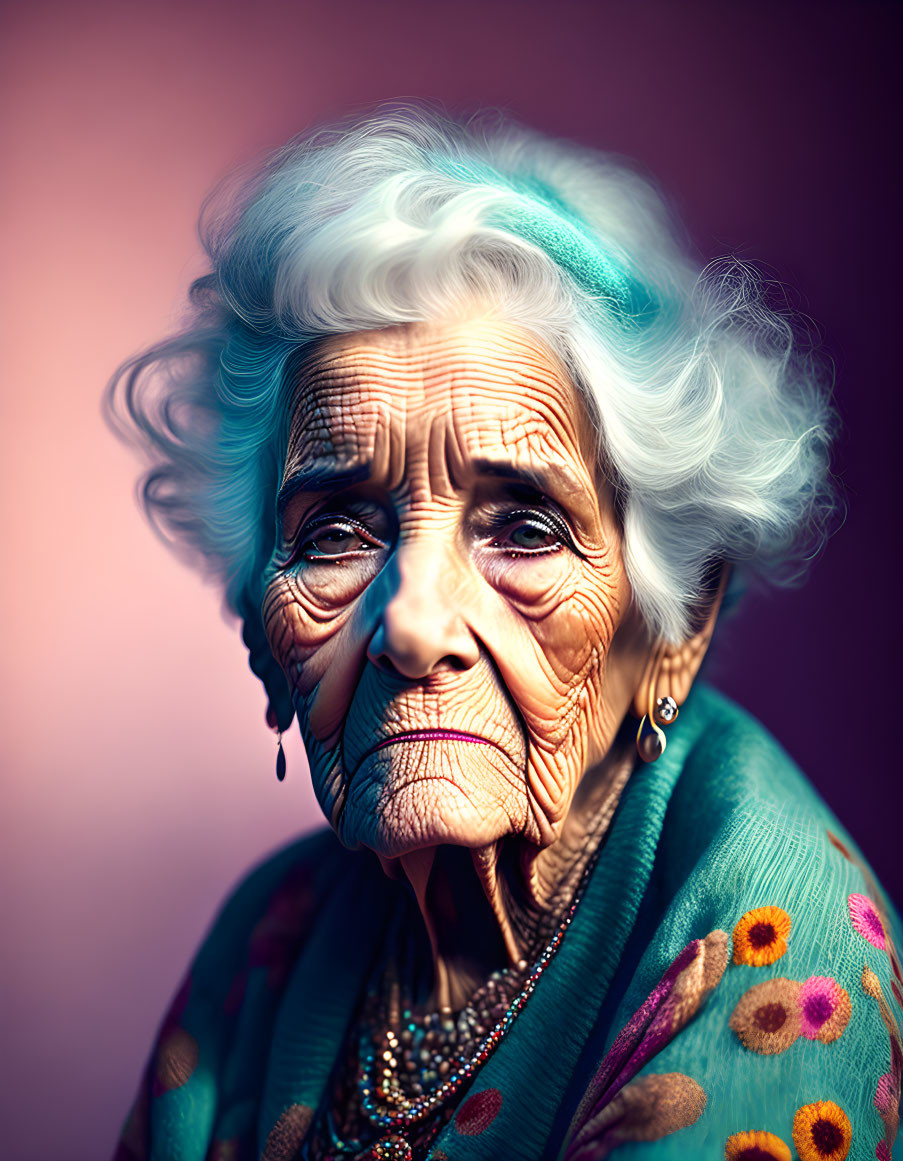 Elderly woman in blue floral dress against purple backdrop