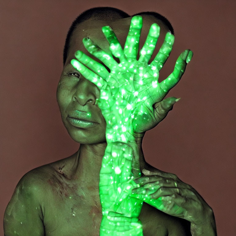 Green Dotted Projection on Hand and Face Against Pink Background