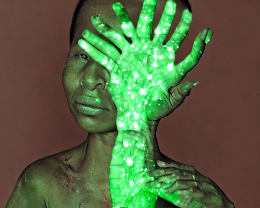 Green Dotted Projection on Hand and Face Against Pink Background