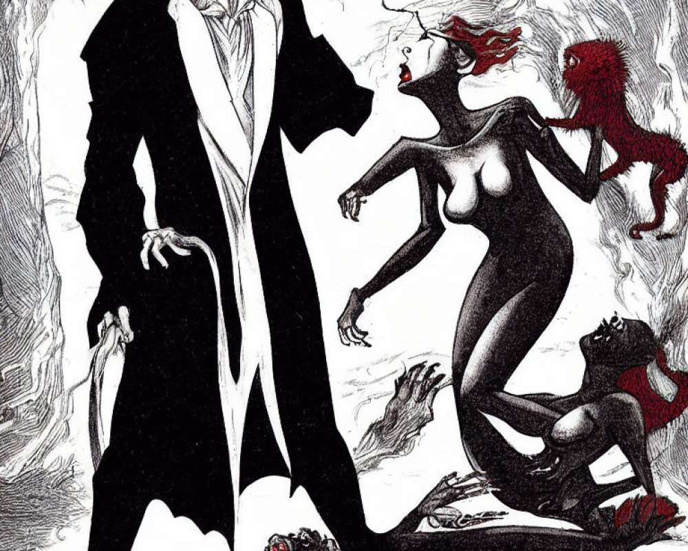 Monochrome illustration of man and woman with fiery hair among eerie figures