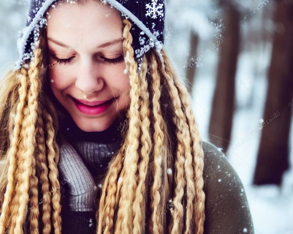 Blonde person with braided hair in beanie and scarf in snowfall