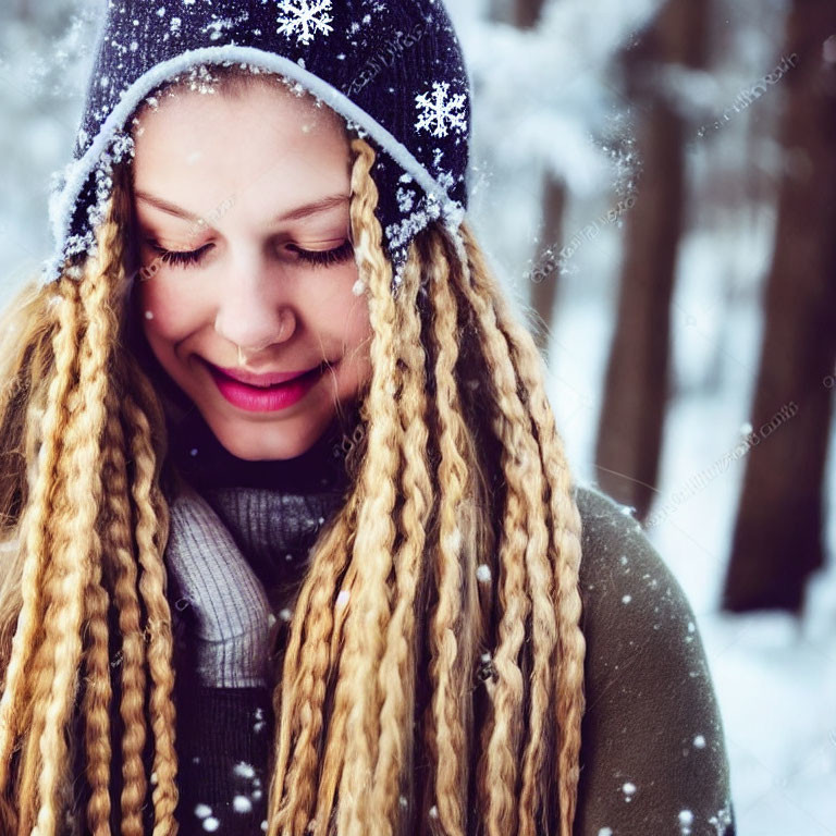 Blonde person with braided hair in beanie and scarf in snowfall