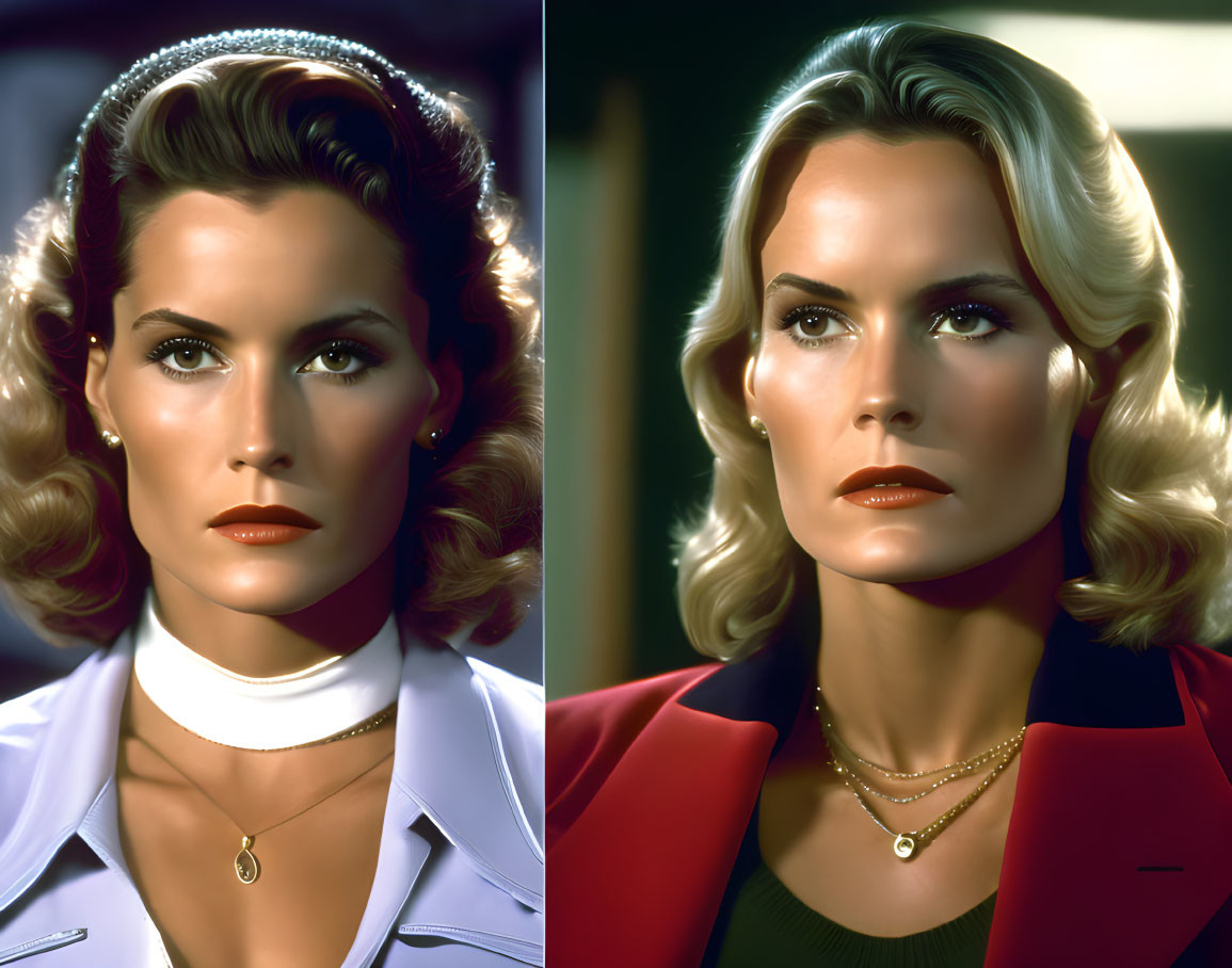 Blonde woman split-image: nurse outfit on left, red blazer on right