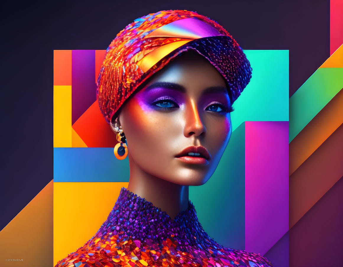 Colorful Geometric Background Enhances Woman's Vibrant Makeup