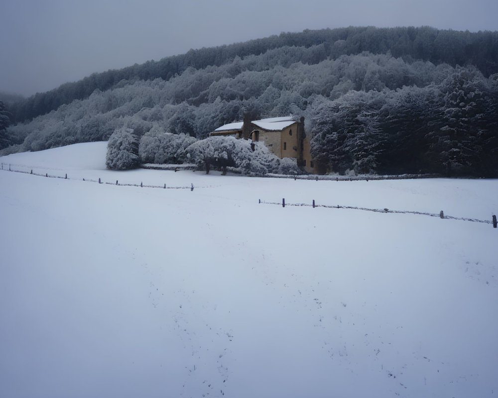 Snowy landscape with lone house and forest scenery